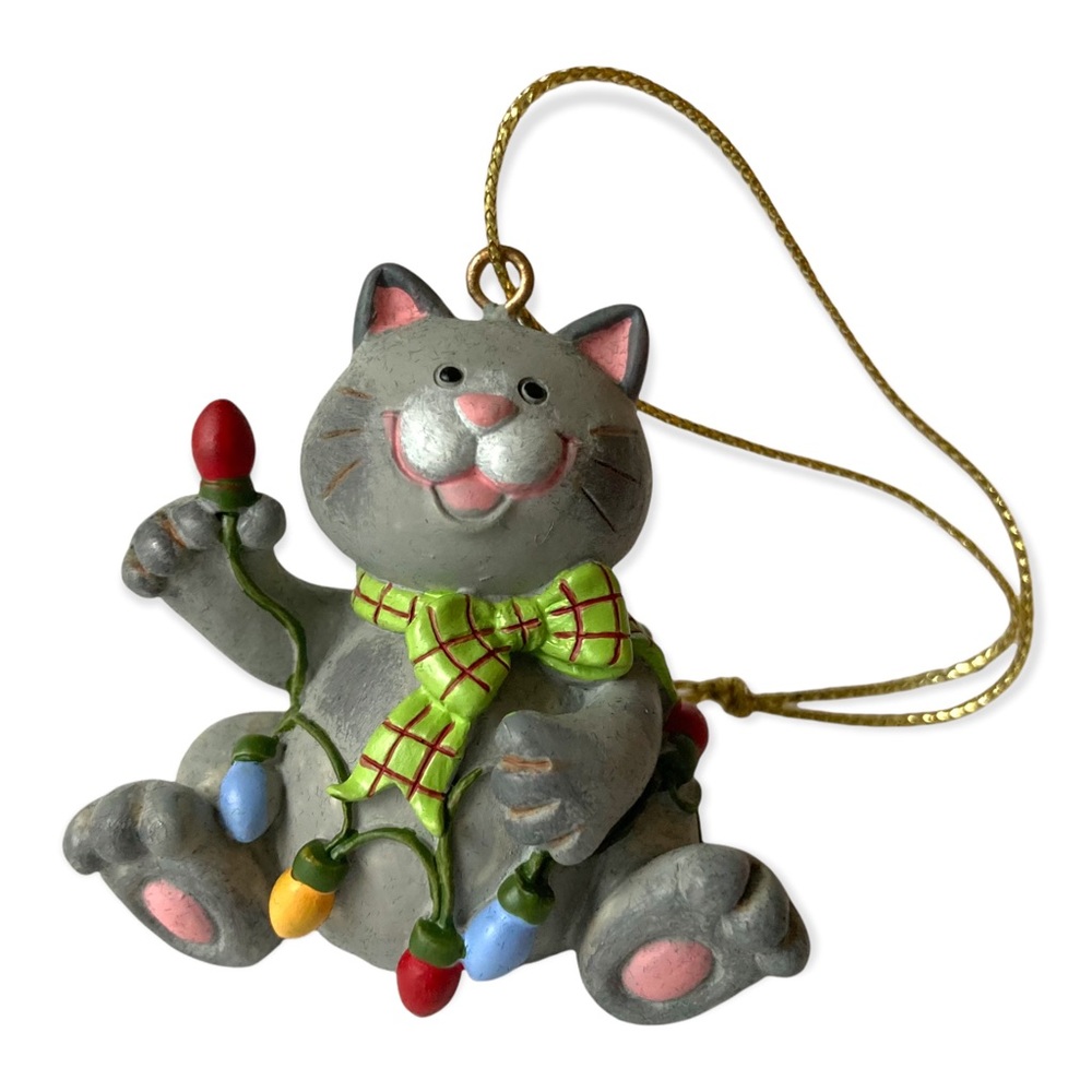 Vintage Cat and Christmas lights ornament